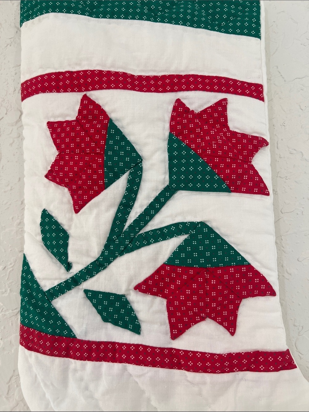 Handmade Quilted Christmas Stocking Floral Appliqué Red Green - Picture 3 of 9